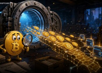 Ilustração editorial de uma carteira da Mt. Gox movimentando bitcoins antes de reembolsos