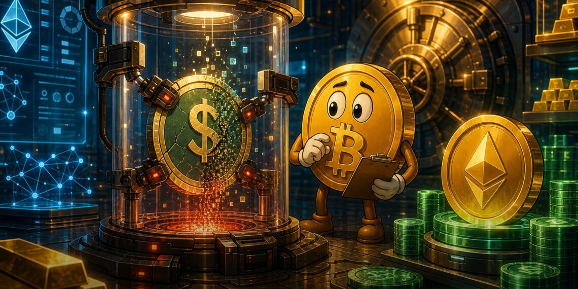 Ilustração editorial sobre a Tether encerrando a stablecoin aUSDT lastreada em Tether Gold