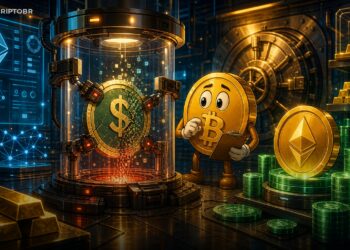 Ilustração editorial sobre a Tether encerrando a stablecoin aUSDT lastreada em Tether Gold