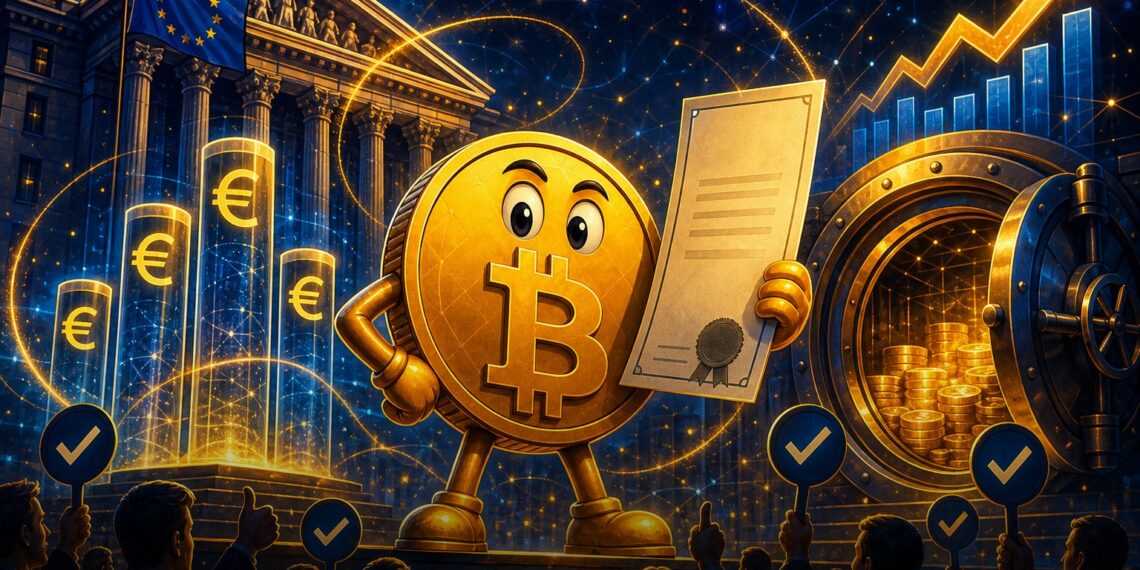 Ilustração editorial de mascote Bitcoin com documento de tesouraria corporativa na Europa
