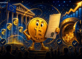 Ilustração editorial de mascote Bitcoin com documento de tesouraria corporativa na Europa