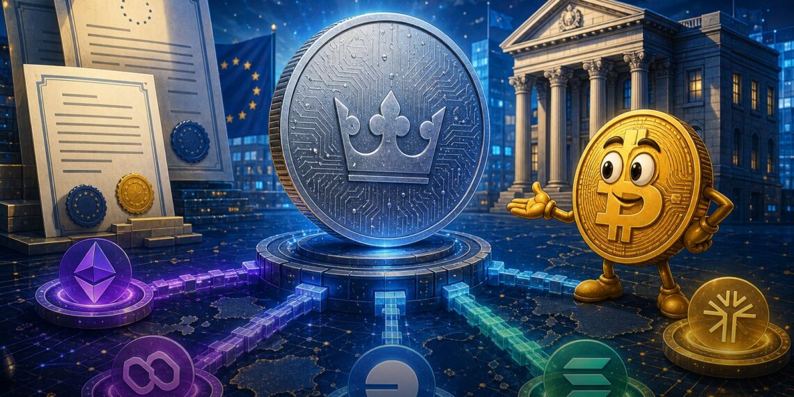 Ilustração editorial de stablecoin em coroa sueca conectada a redes blockchain sob regulação europeia MiCA