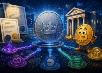 Ilustração editorial de stablecoin em coroa sueca conectada a redes blockchain sob regulação europeia MiCA