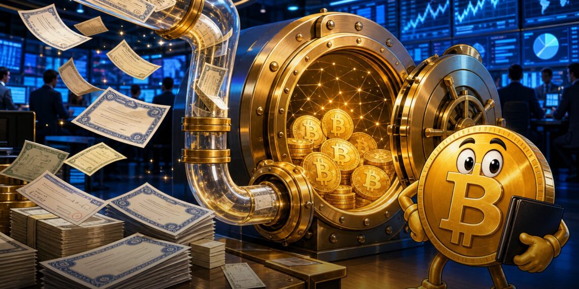 Ilustração editorial sobre ETF da Franklin Templeton que reinveste dividendos em Bitcoin