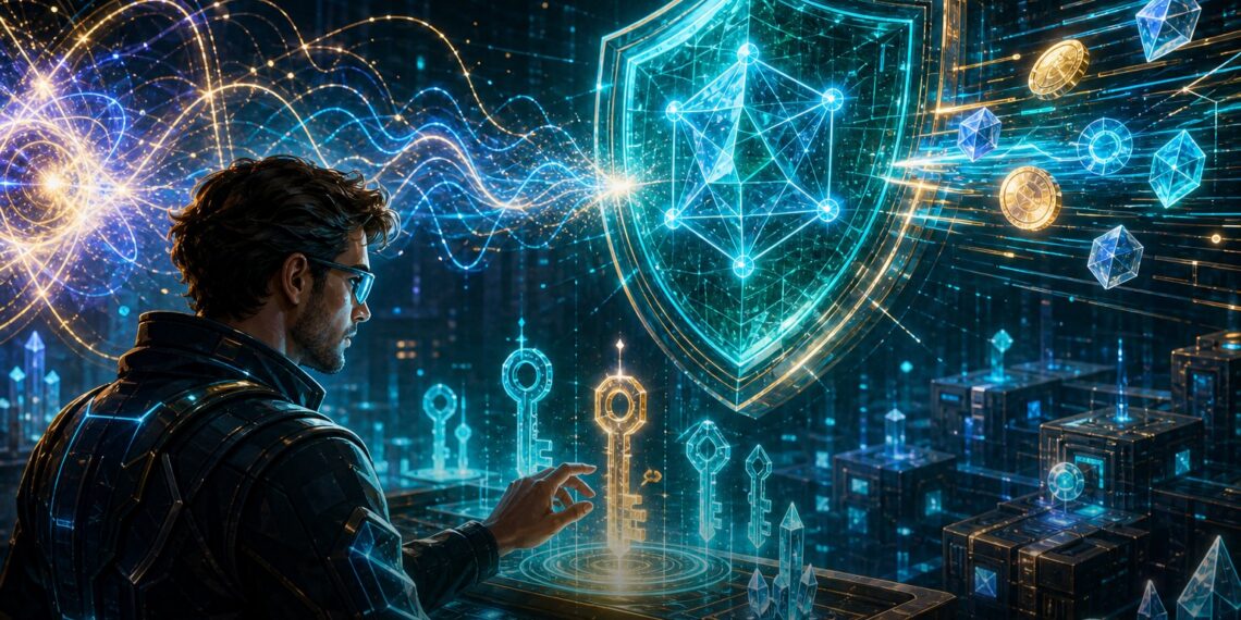 Ilustração editorial sobre a Algorand preparando resistência quântica com escudo blockchain e circuitos quânticos