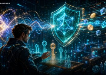 Ilustração editorial sobre a Algorand preparando resistência quântica com escudo blockchain e circuitos quânticos