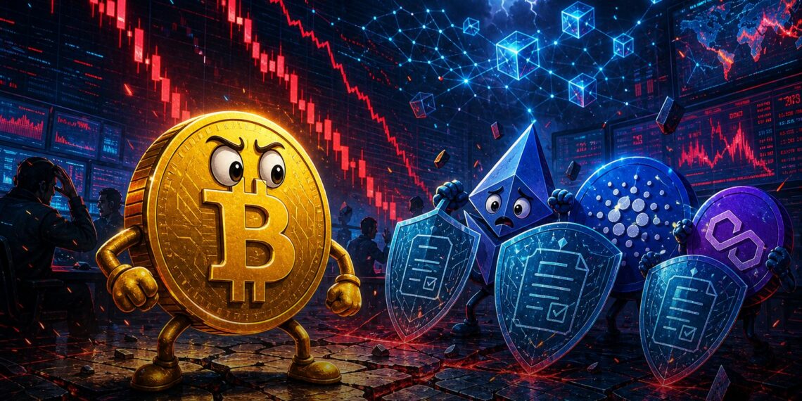 Ilustração editorial do Bitcoin sob pressão com mercado DeFi em queda