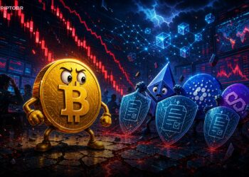 Ilustração editorial do Bitcoin sob pressão com mercado DeFi em queda