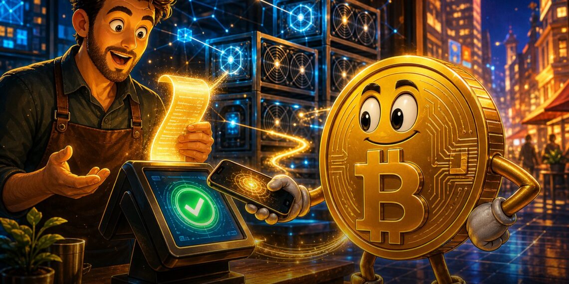 Ilustração editorial de pagamento em Bitcoin com GoBTC Pay em loja