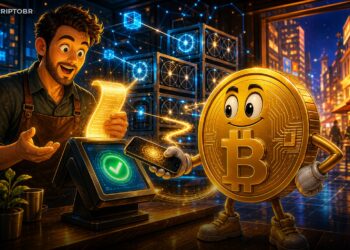 Ilustração editorial de pagamento em Bitcoin com GoBTC Pay em loja