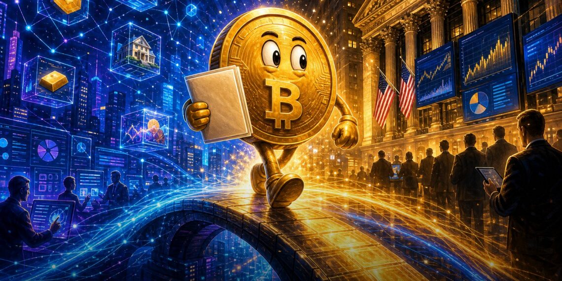 Ilustração editorial de Bitcoin conectando cripto e finanças tradicionais