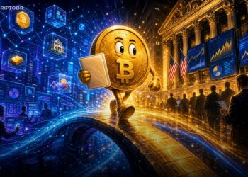 Ilustração editorial de Bitcoin conectando cripto e finanças tradicionais