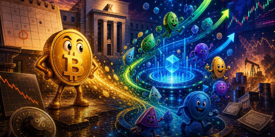 Ilustração editorial sobre UNI e altcoins subindo enquanto Bitcoin aguarda decisão do Fed