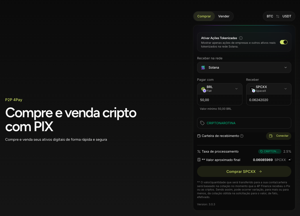 Compra de ações tokenizadas com PIX na plataforma da 4pay Finance