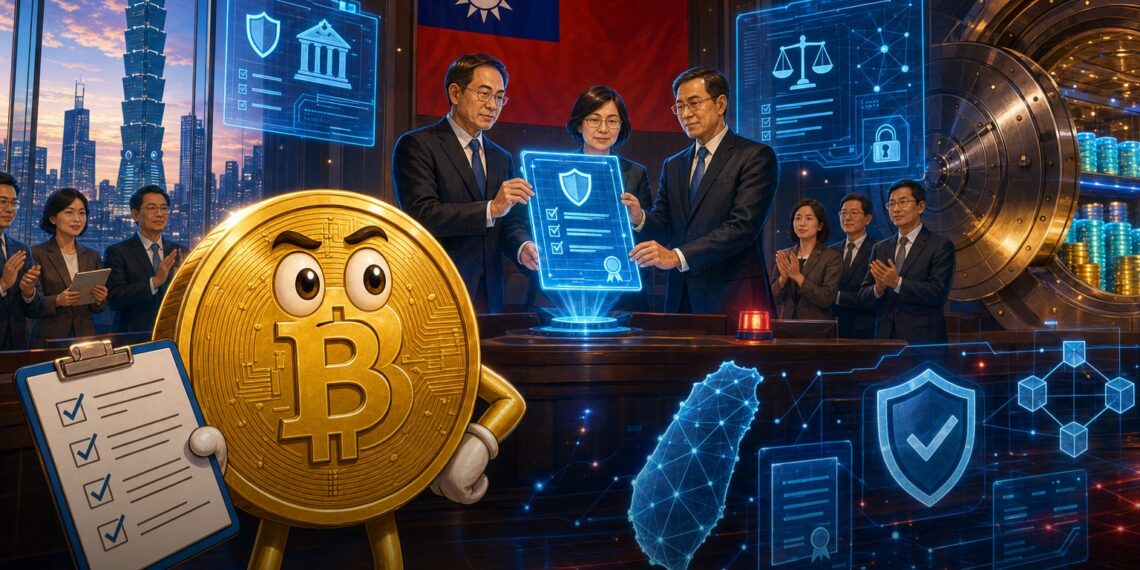 Ilustração sobre Taiwan aprovando lei para cripto e stablecoins