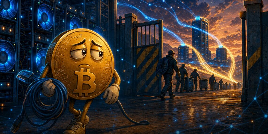 Ilustração editorial de um pool de mineração de Bitcoin encerrando operações e mineradores migrando hashrate