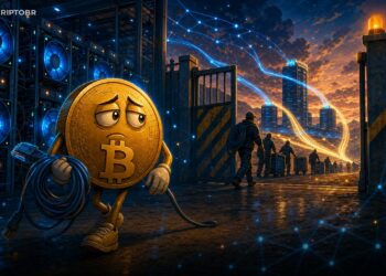 Ilustração editorial de um pool de mineração de Bitcoin encerrando operações e mineradores migrando hashrate
