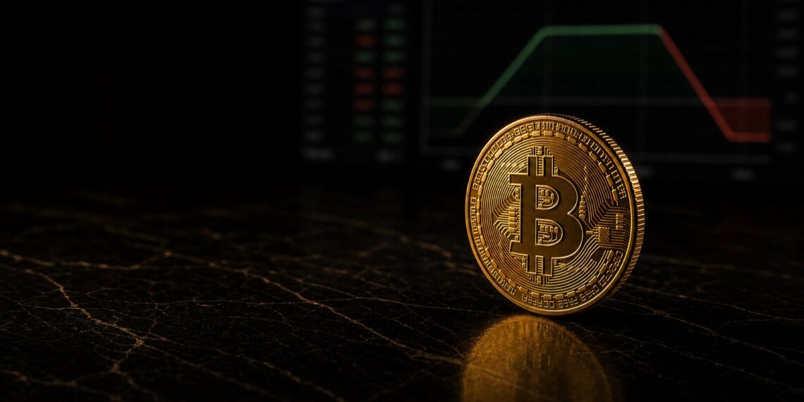 Moeda física de Bitcoin em cena escura representando apostas em opções para US$ 72 mil