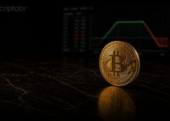 Moeda física de Bitcoin em cena escura representando apostas em opções para US$ 72 mil