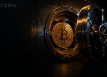 Moeda de Bitcoin em cofre escuro, representando segurança pós-quântica e risco a carteiras antigas