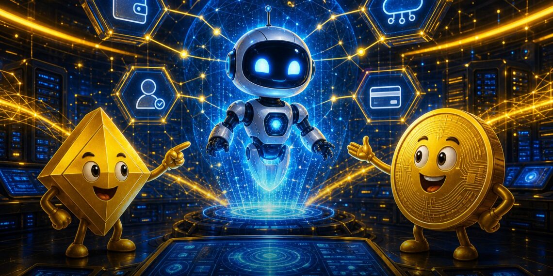 Ilustração editorial sobre BNB Agent Studio criando agentes de IA onchain na BNB Chain
