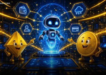 Ilustração editorial sobre BNB Agent Studio criando agentes de IA onchain na BNB Chain