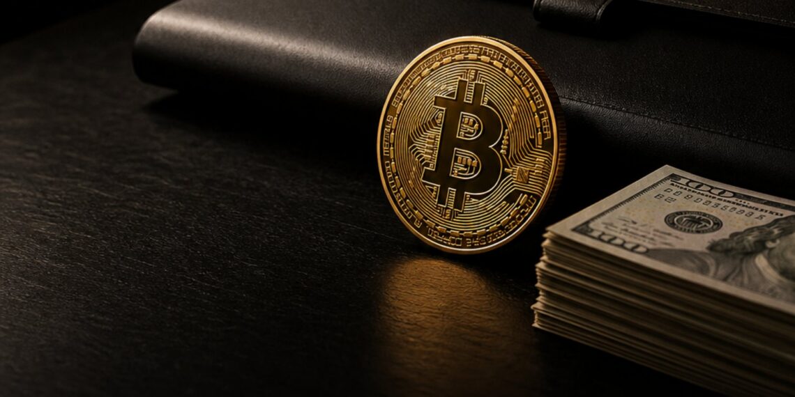 Bitcoin em mesa escura ao lado de reserva em dólar, simbolizando o caixa da Strategy