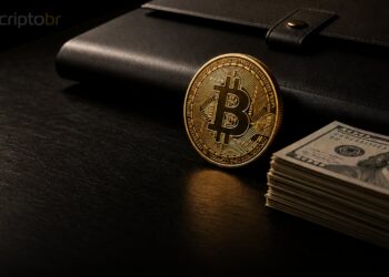 Bitcoin em mesa escura ao lado de reserva em dólar, simbolizando o caixa da Strategy