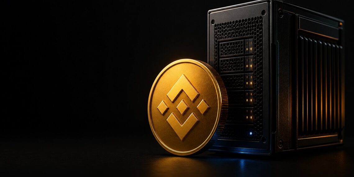 Token BNB em render 3D com servidor de validação ao fundo para hardfork Pasteur da BSC