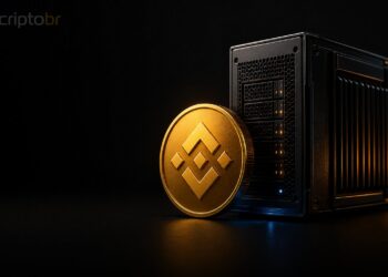 Token BNB em render 3D com servidor de validação ao fundo para hardfork Pasteur da BSC