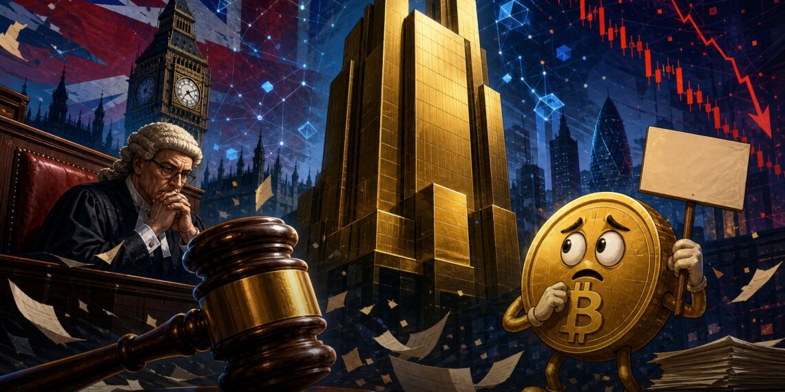 Ilustração editorial sobre ação de investidores britânicos contra Binance e Changpeng Zhao