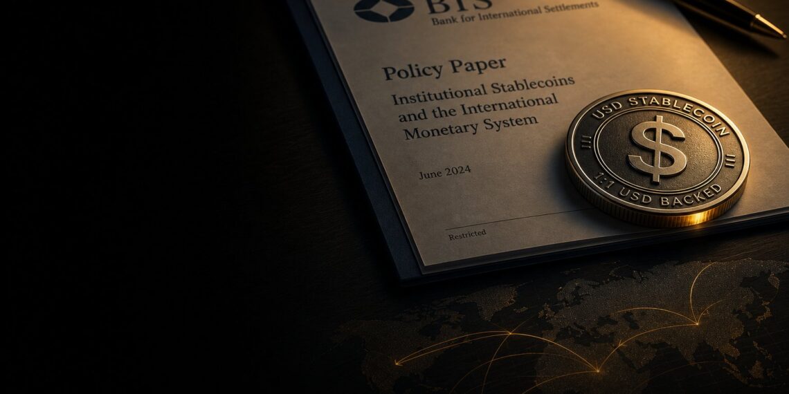 Documento institucional do BIS com token de stablecoin em dólar sobre mesa escura