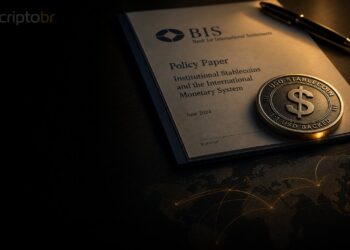 Documento institucional do BIS com token de stablecoin em dólar sobre mesa escura