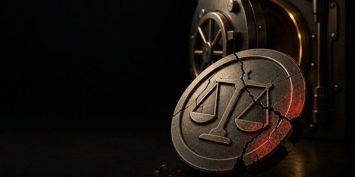 Moeda rachada diante de cofre escuro simbolizando exploit da Balance Coin na BNB Chain