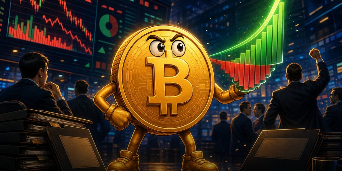 Ilustração editorial de mascote Bitcoin diante de gráfico verde de entrada em ETFs spot nos Estados Unidos