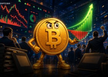 Ilustração editorial de mascote Bitcoin diante de gráfico verde de entrada em ETFs spot nos Estados Unidos