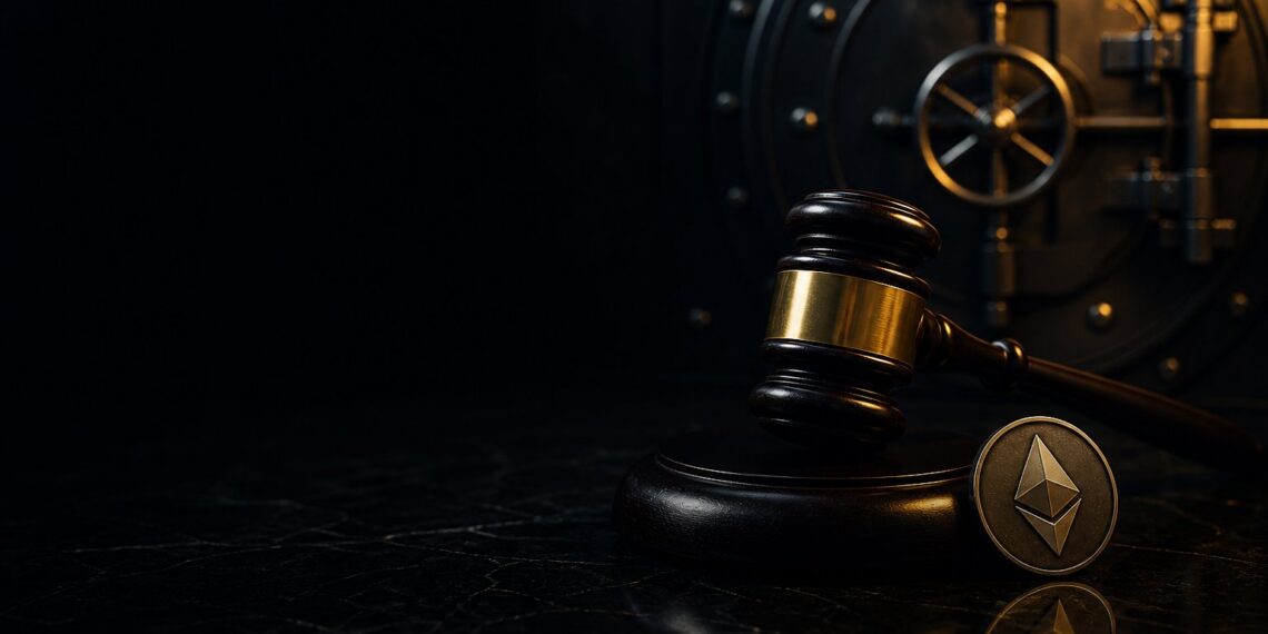 Martelo regulatório e vault DeFi em cena escura sobre risco da SEC