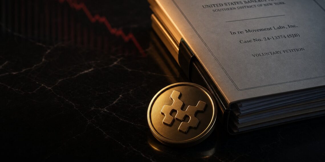 Capa editorial sobre Movement Labs, token MOVE e processo Chapter 11 nos Estados Unidos