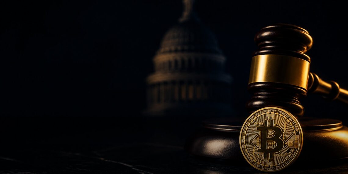 Martelo de juiz, moeda de Bitcoin e Capitólio dos EUA em capa editorial sobre regulação cripto