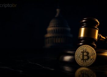 Martelo de juiz, moeda de Bitcoin e Capitólio dos EUA em capa editorial sobre regulação cripto