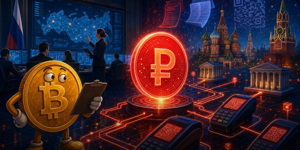 Ilustração editorial sobre rublo digital, bancos russos e moeda digital de banco central