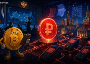 Ilustração editorial sobre rublo digital, bancos russos e moeda digital de banco central