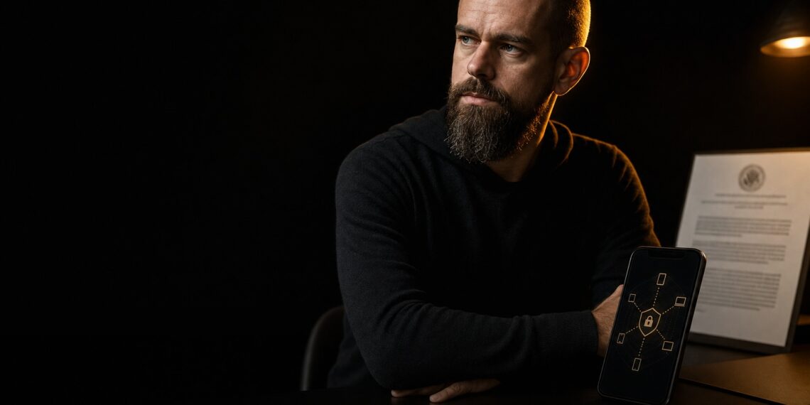 Jack Dorsey ao lado de smartphone com interface de comunicação descentralizada em cena escura editorial