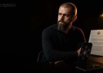 Jack Dorsey ao lado de smartphone com interface de comunicação descentralizada em cena escura editorial