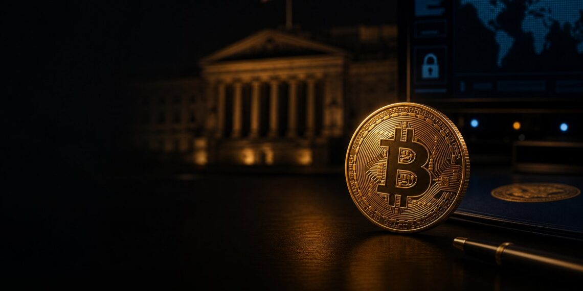 Moeda de Bitcoin em cena escura com referência a diplomacia digital dos EUA
