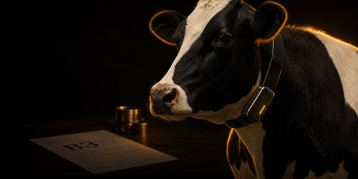 Vaca leiteira com coleira inteligente representando tokenização de ativos reais no Brasil