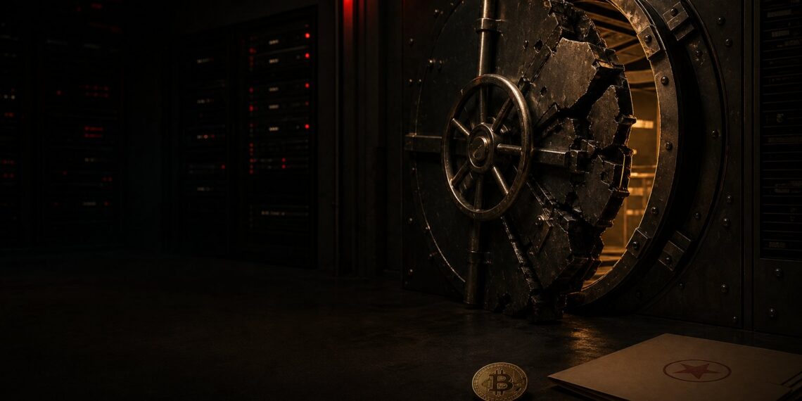 Cofre de banco rompido em sala de servidores escura, com moeda de Bitcoin e pasta com estrela vermelha