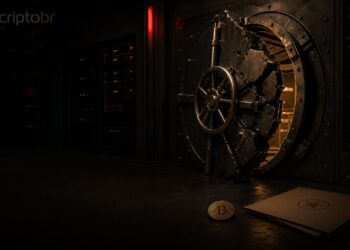 Cofre de banco rompido em sala de servidores escura, com moeda de Bitcoin e pasta com estrela vermelha