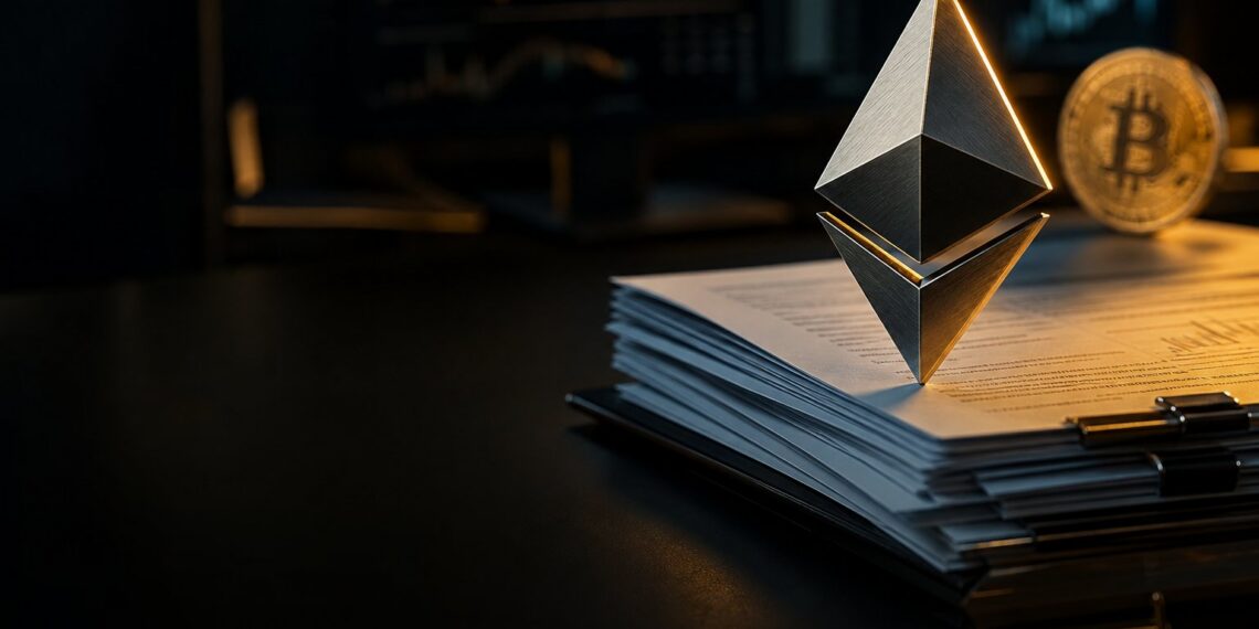 Capa editorial sobre ETFs de Bitcoin e Ether com símbolo do Ethereum e moeda de Bitcoin em mesa institucional