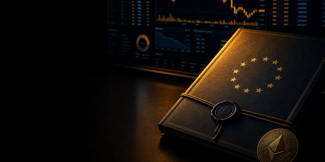 Documento de sanções da União Europeia com terminal cripto ao fundo